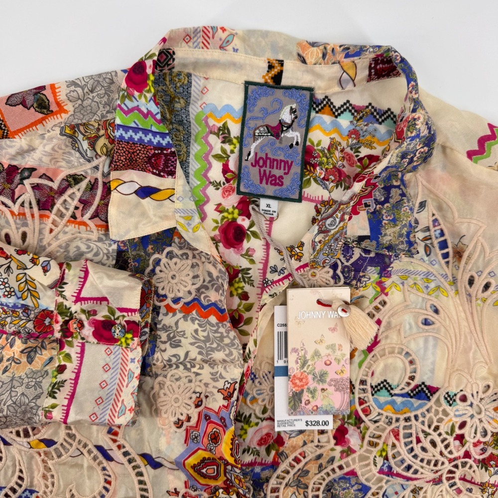 Johnny Was Blouse Women XL Multicolor 100% Silk Patchwork Crochet Lace‎ Peplum - Picture 3 of 9